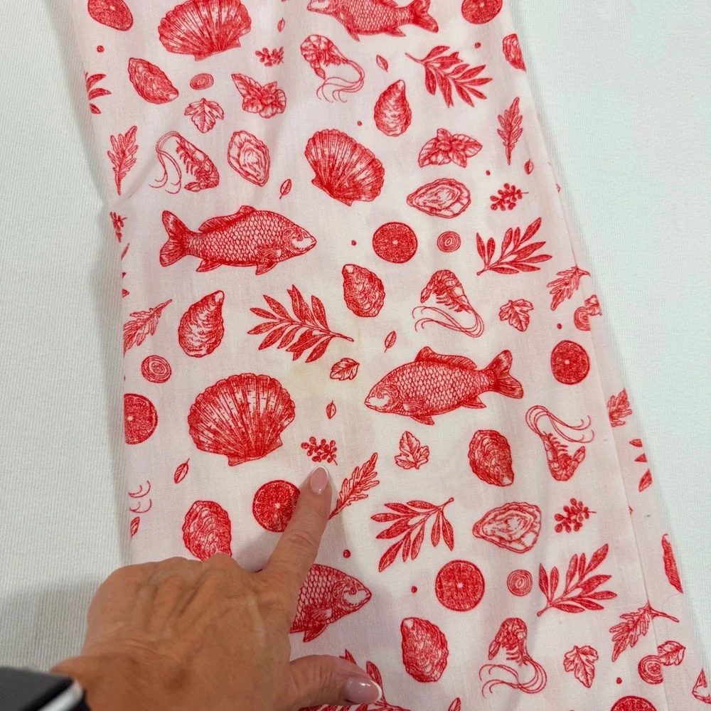 No Comment Pajama Pants M White Red Coastal Fish Shell Print Wide Leg RW436694